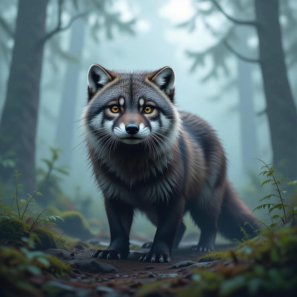 Furry Otter-Wolf Hybrid in Atmospheric Forest