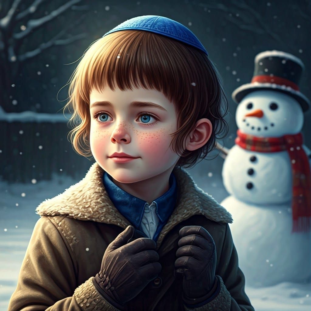 Hasidic Boy in Whimsical Winter Wonderland