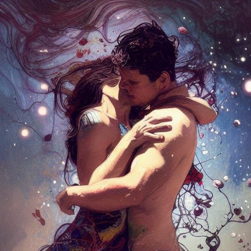 Lovers' Cosmic Embrace: an Epic Pollock-esque Portrait