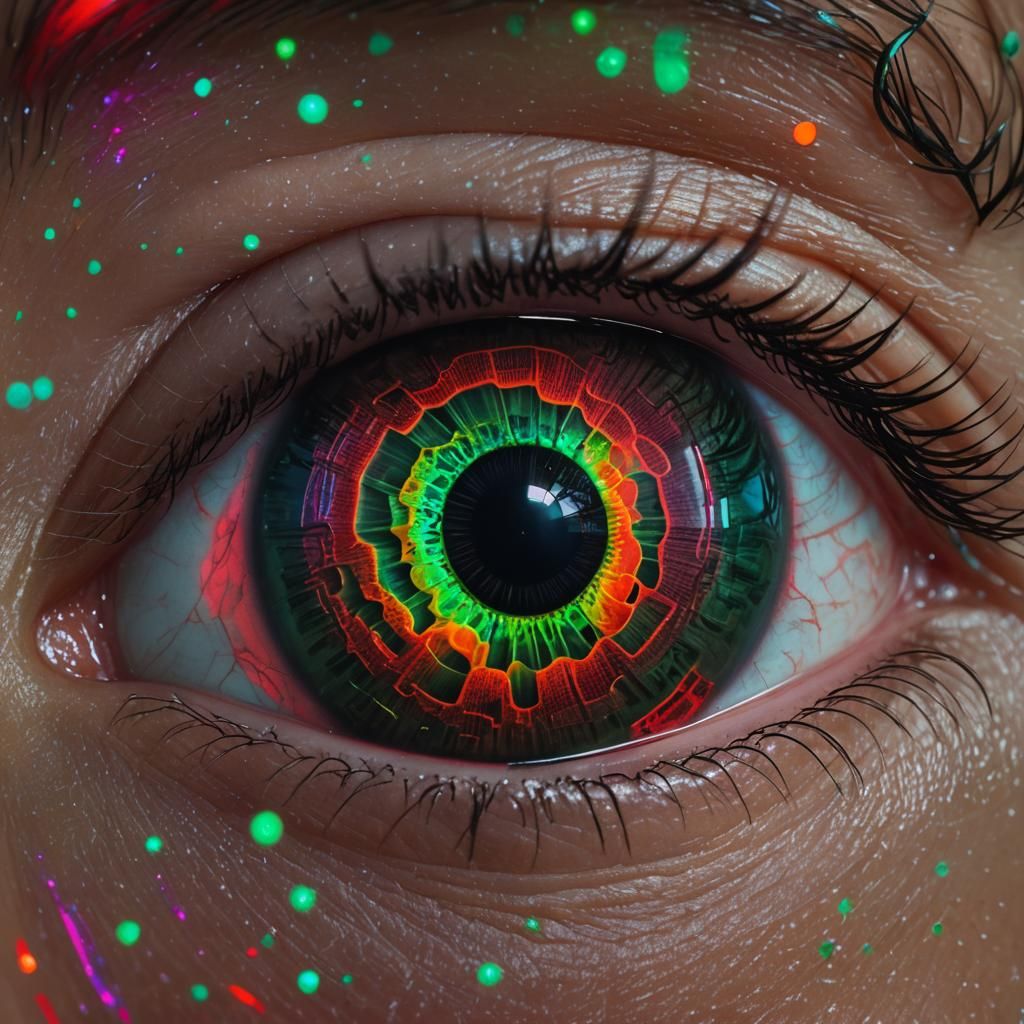 Hypnotic Red-Green Eye in Neon Noir Style