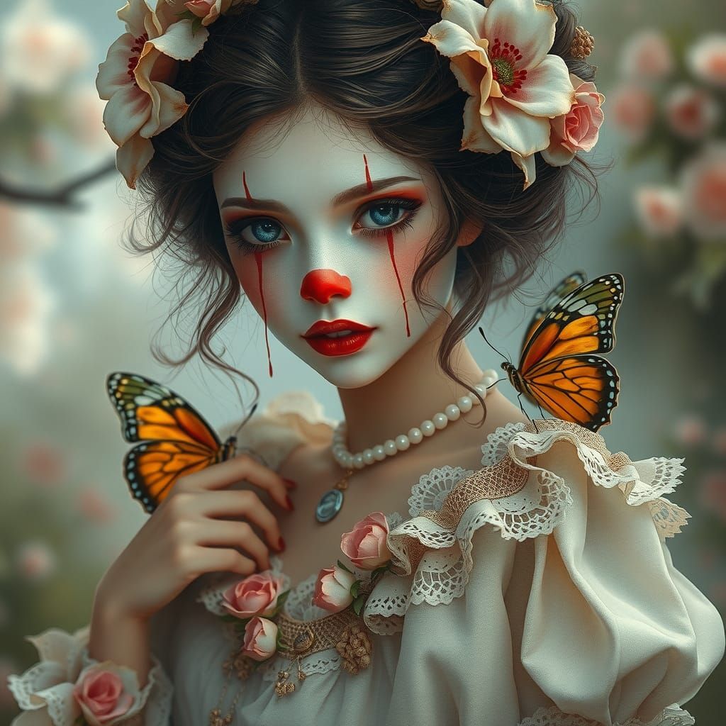 Clown Woman with Butterfly in Watercolor Style