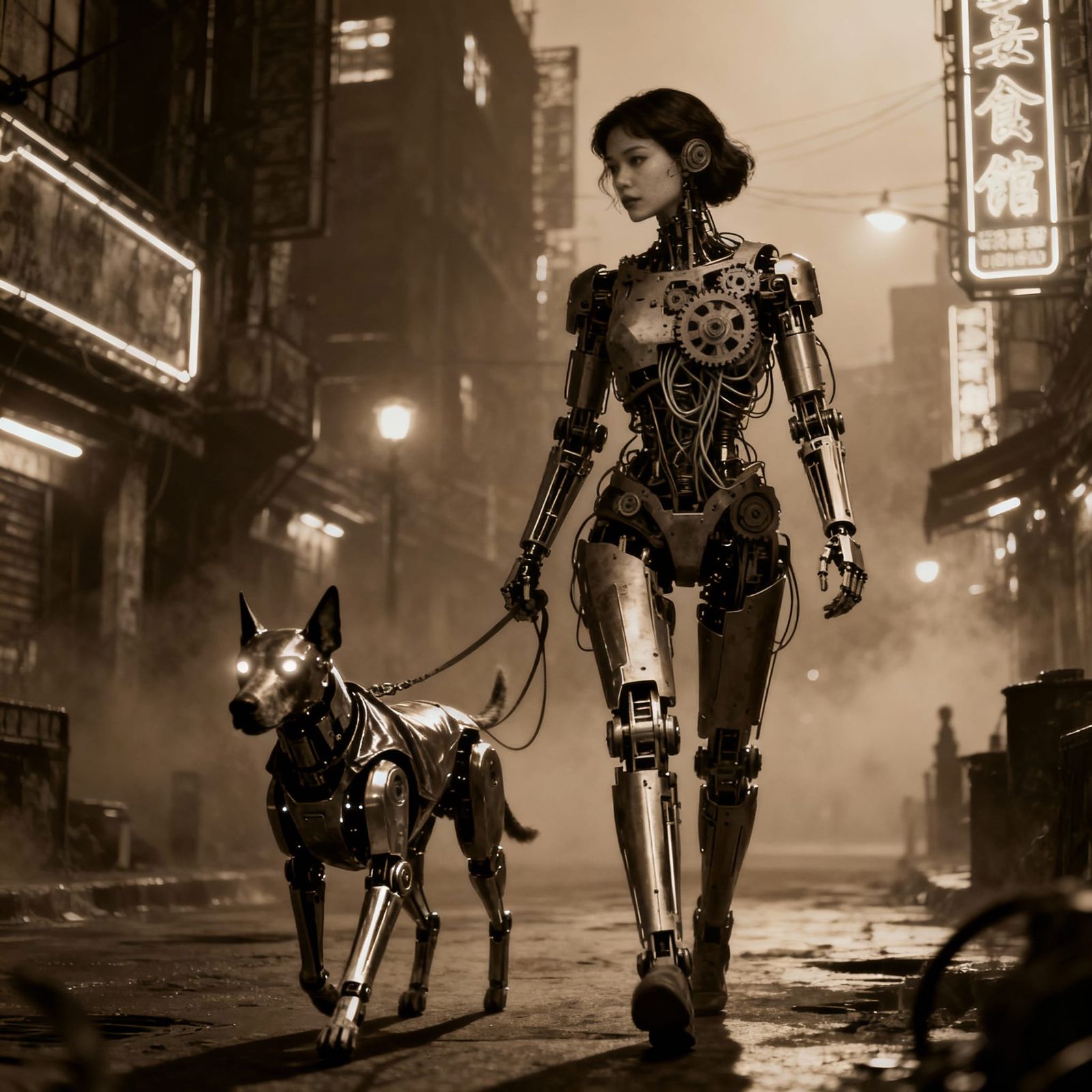 Cyborg Woman Walks Robotic Dog in Moody Cityscape