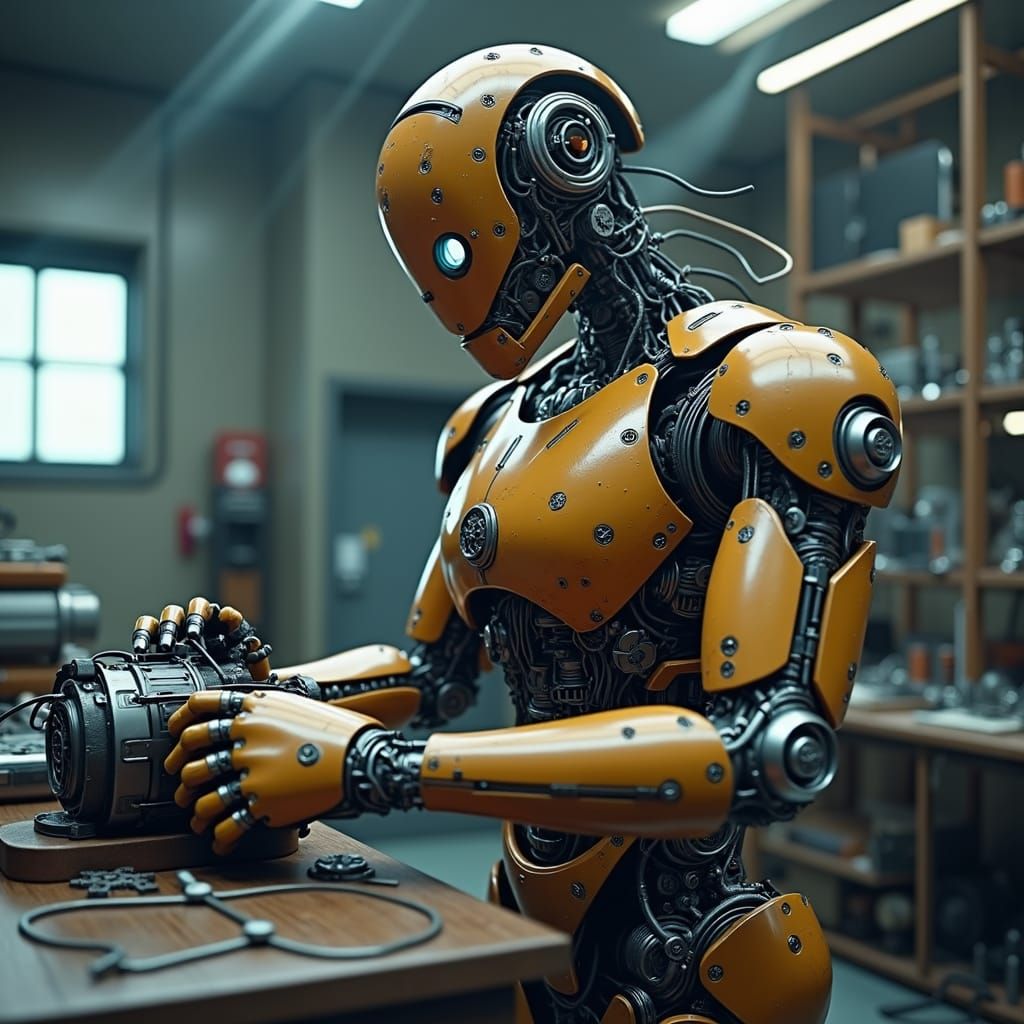 Robot Crafts Machine: Anime-Inspired Cyberpunk Scene