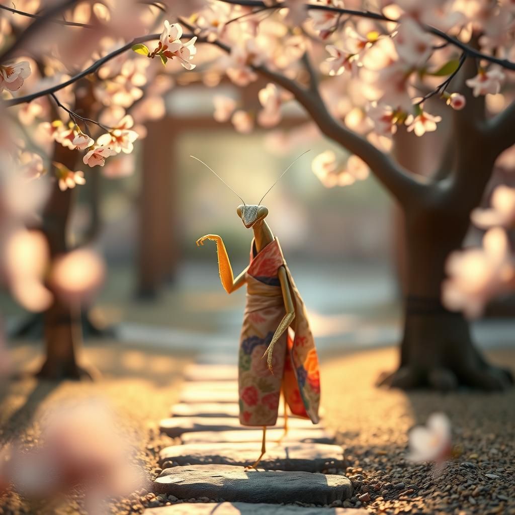 Praying Mantis in Kimono: Japanese Garden Impression