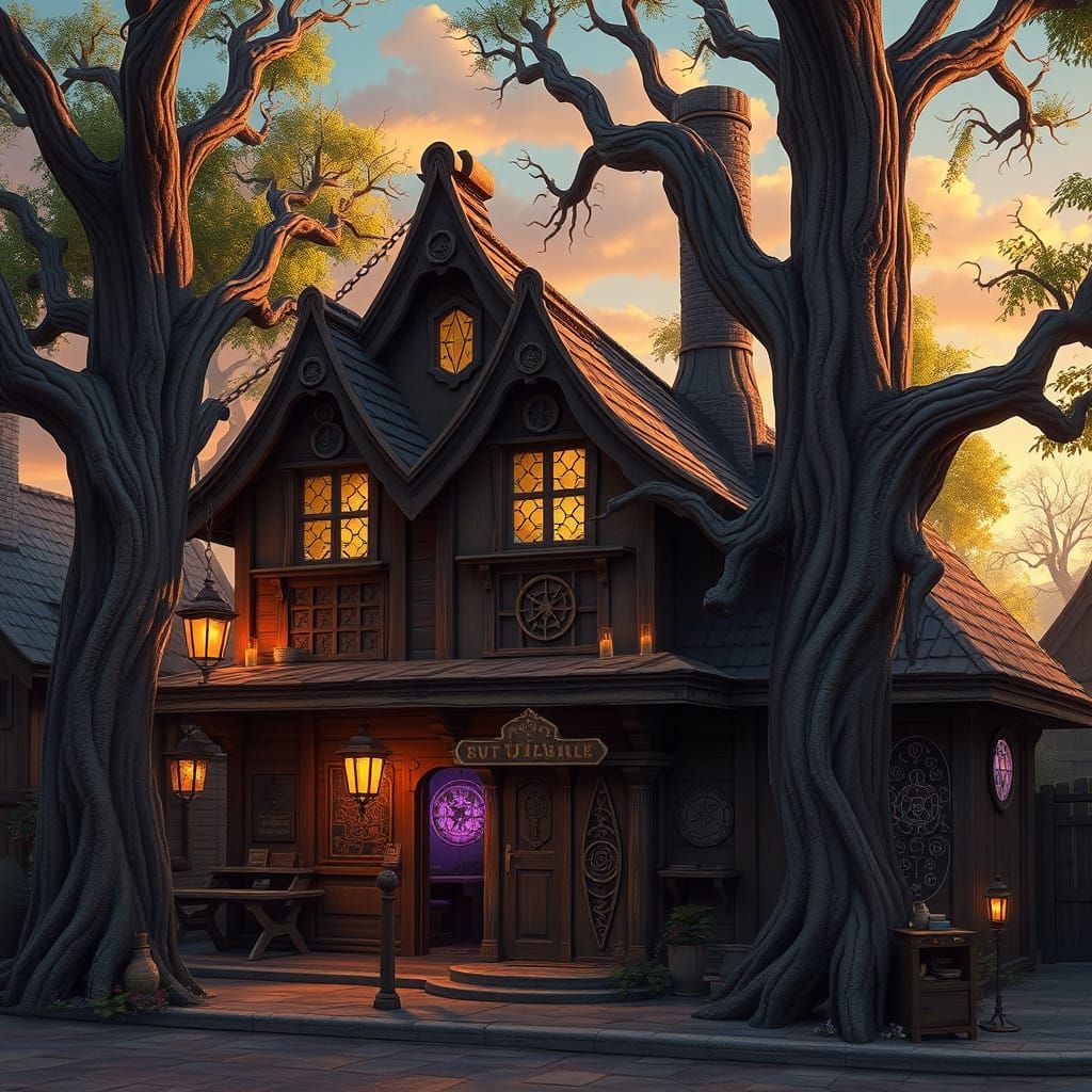 Whimsical Fantasy Storefront Nuzzled Among Ancient Trees