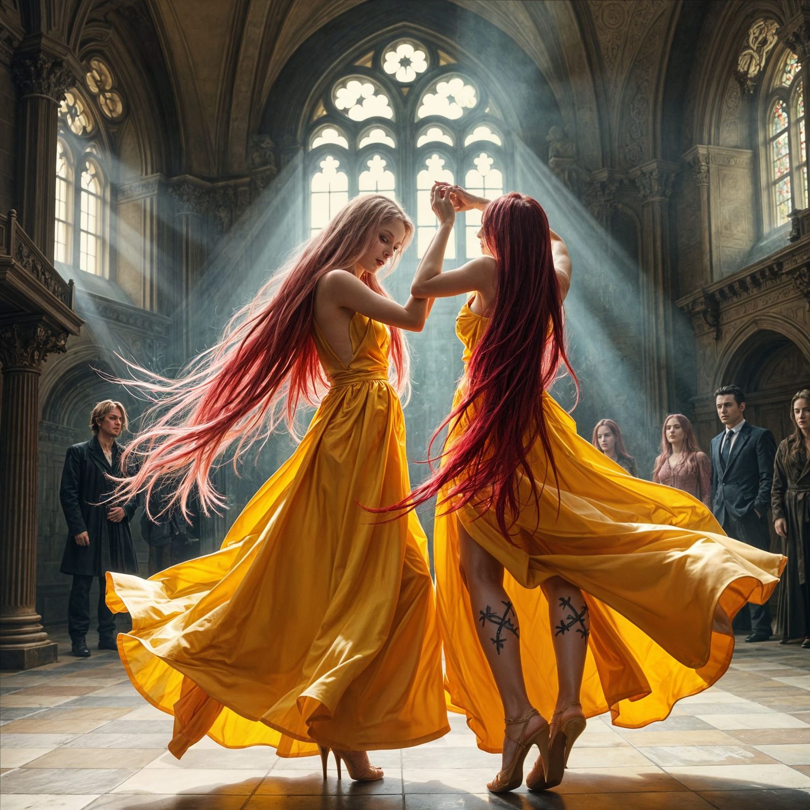 Vampire Sisters Dancing in Gothic Hall, Oil Painting