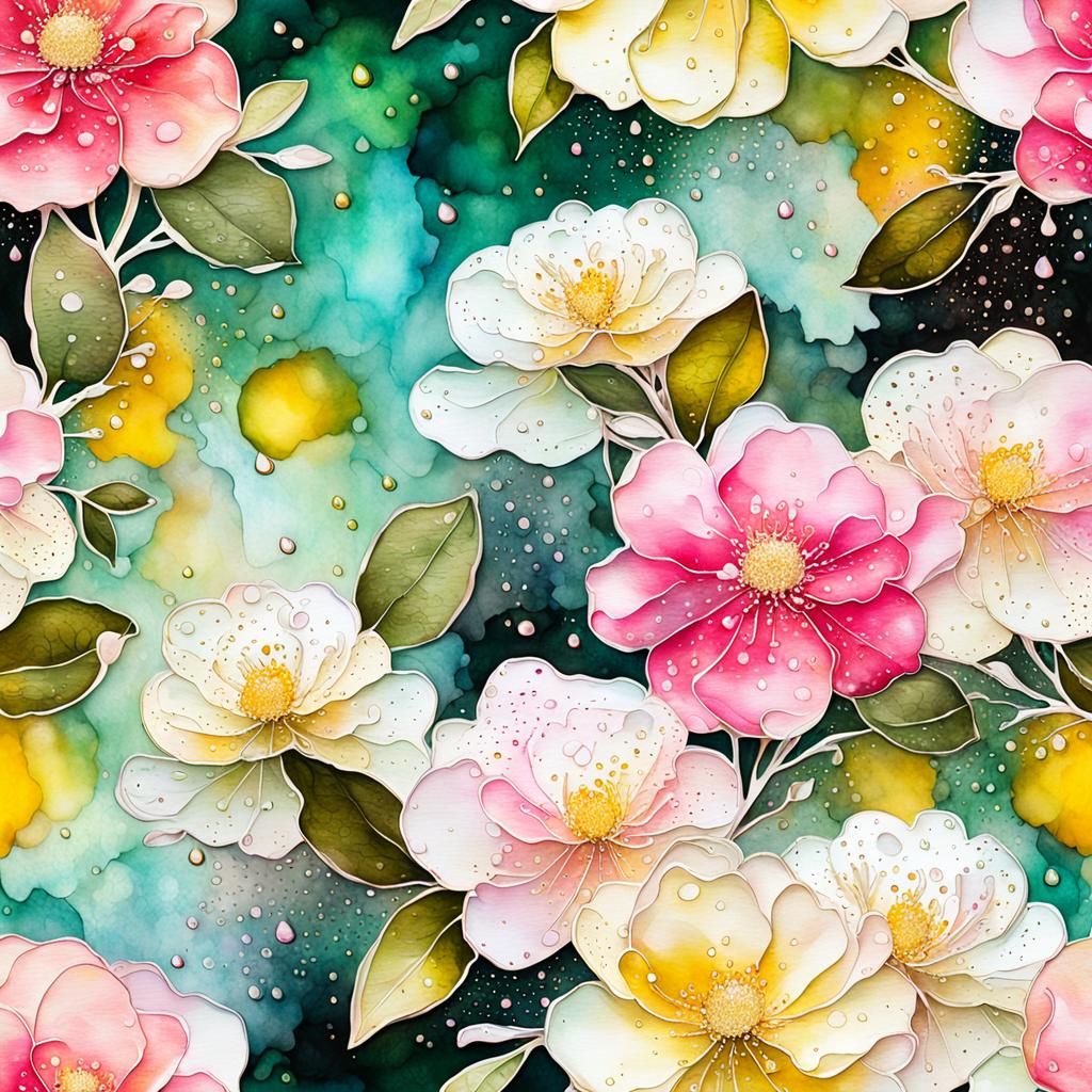 Dark Sage Yellow Abstract Alcohol Ink Splatter Flowers, Nume...