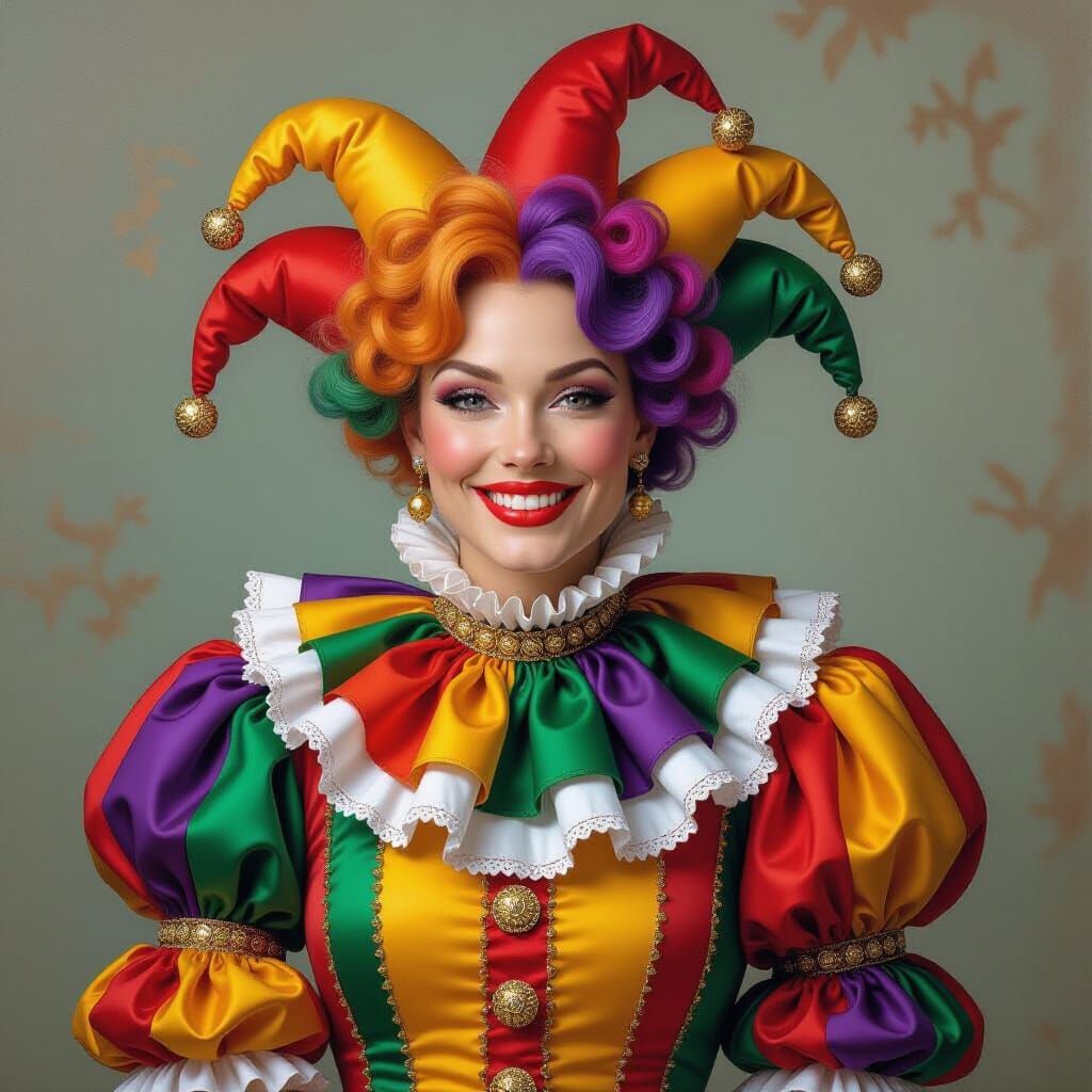 Woman in Jester Costume in Photorealistic Style