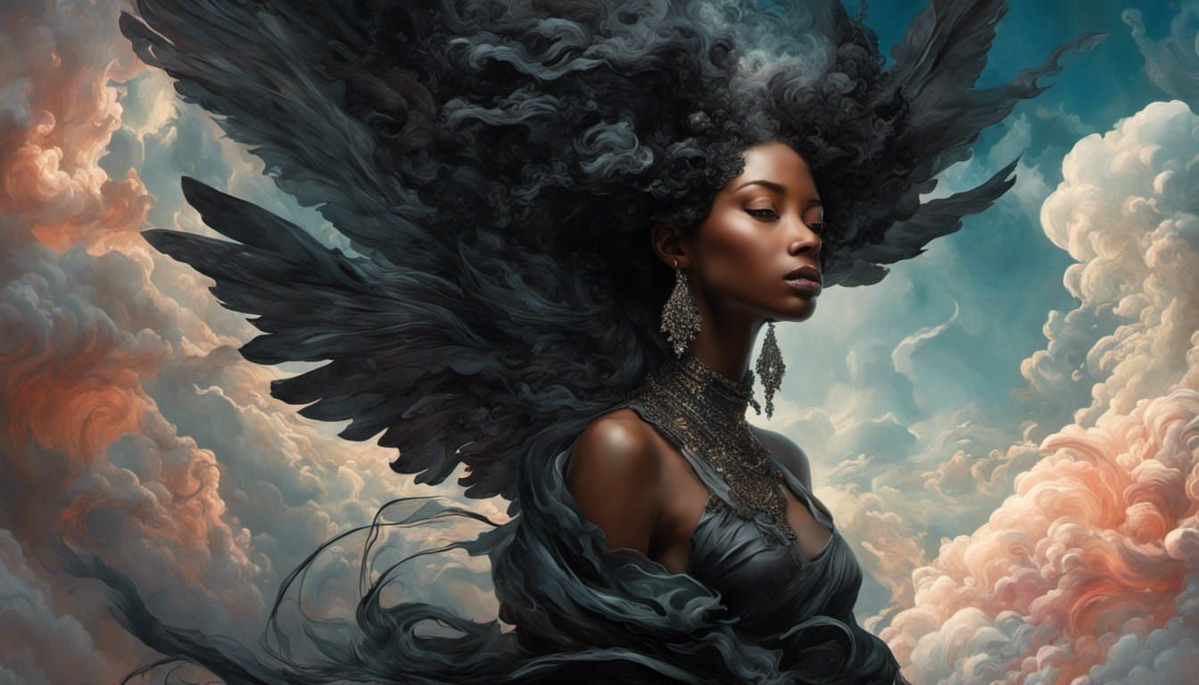 Black Angel Dissolving into Clouds in Digital Art