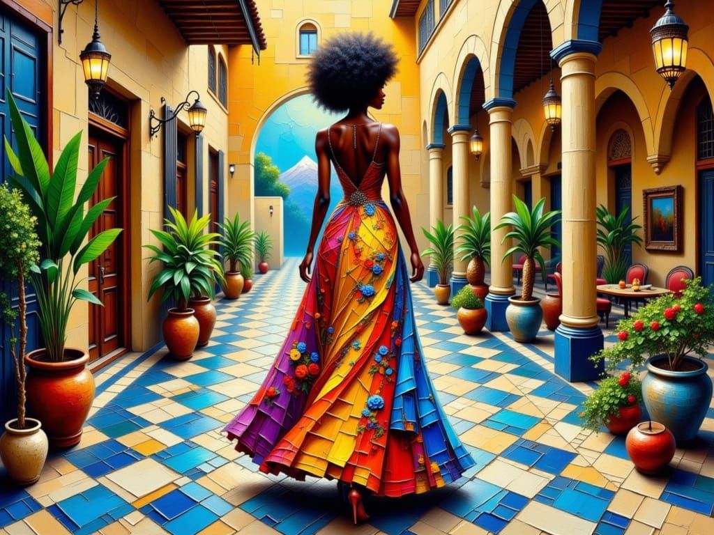 Elegant Woman in Moroccan Bazaar, as Impasto Painting