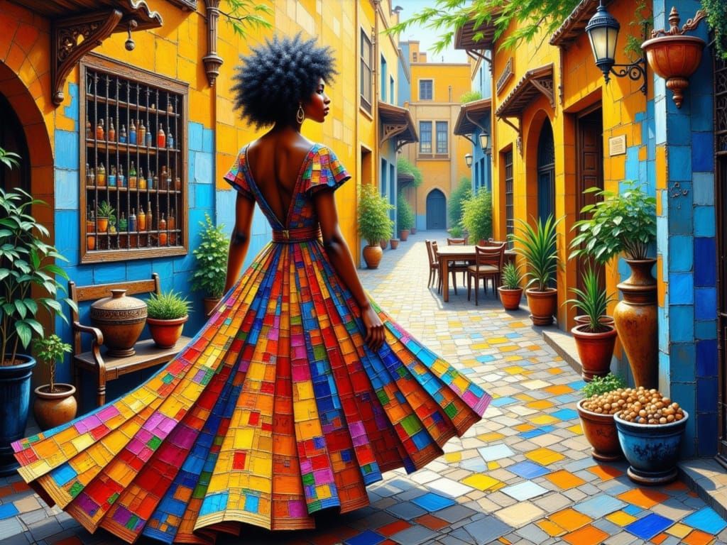 Elegant Woman in Moroccan Bazaar, Impasto Painting