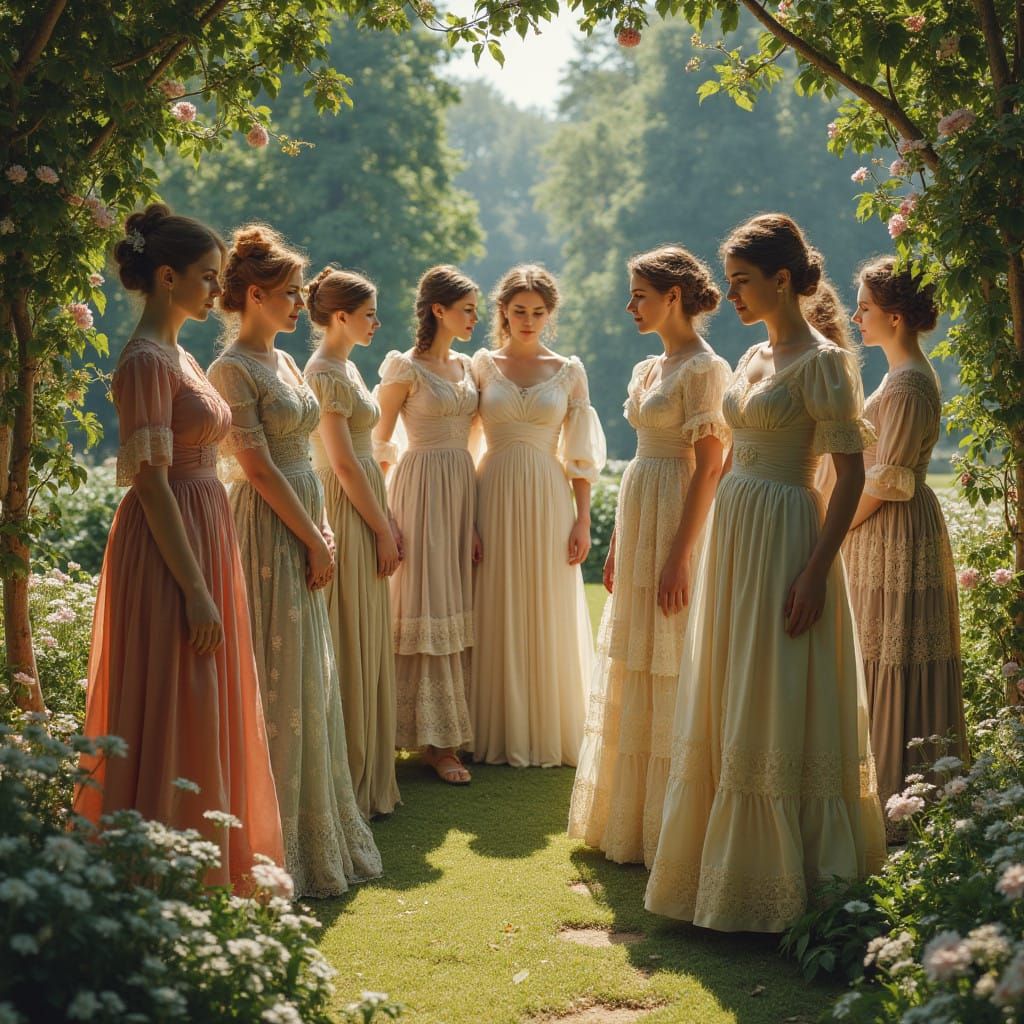 Elegant Women in Regency Era Gowns Pose in a Lush English Ga...