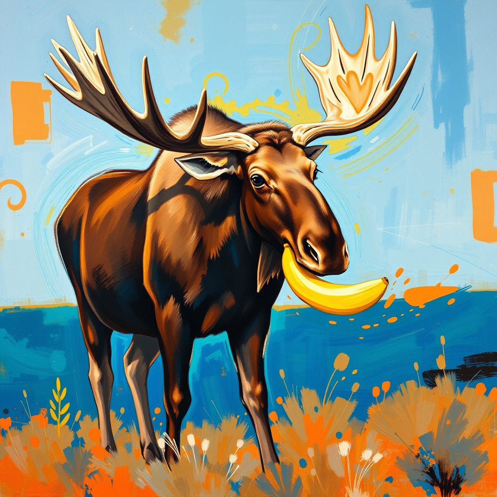 Moose Eats Banana in Abstract Expressionist Landscape