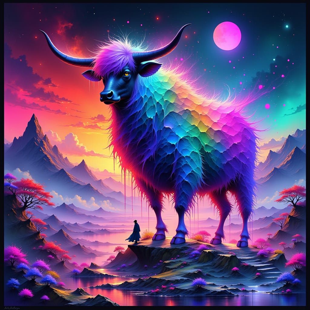 Iridescent Yak in Dreamscape: Surrealist AI Art