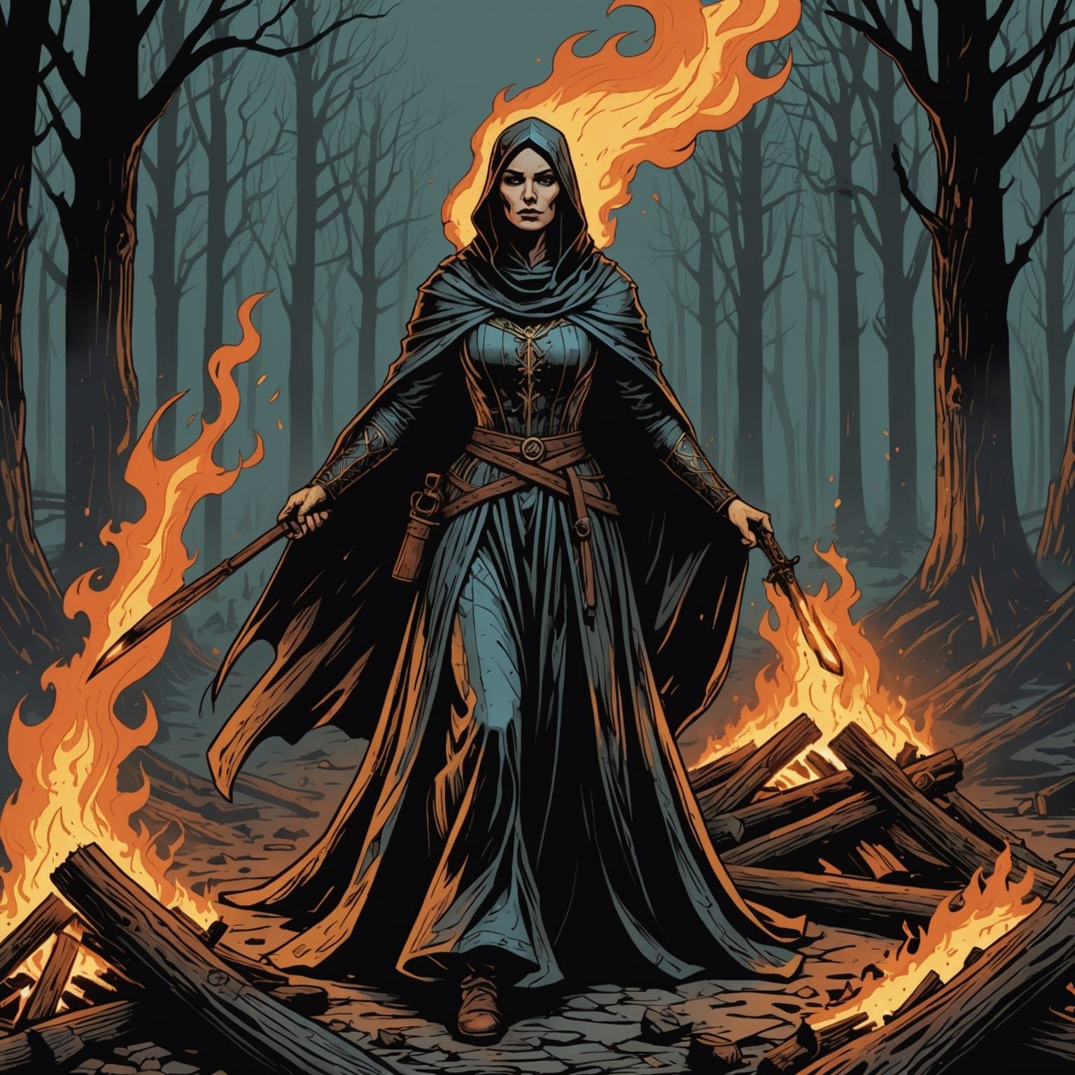 Medieval Woman Burned at Stake: Comic Book Art