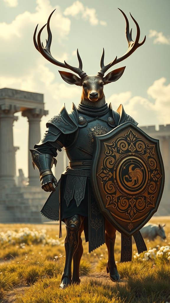 a majestic anthropomorphic deer, clad in ornate plate armor ...