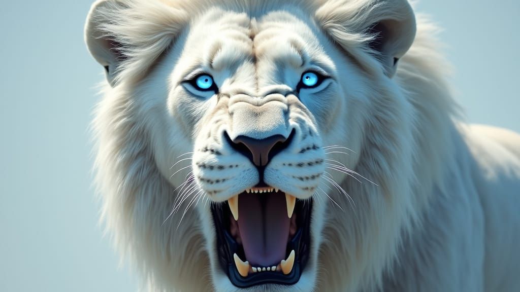 Majestic White Lion in Hyperrealistic Tones, Electric Blue E...