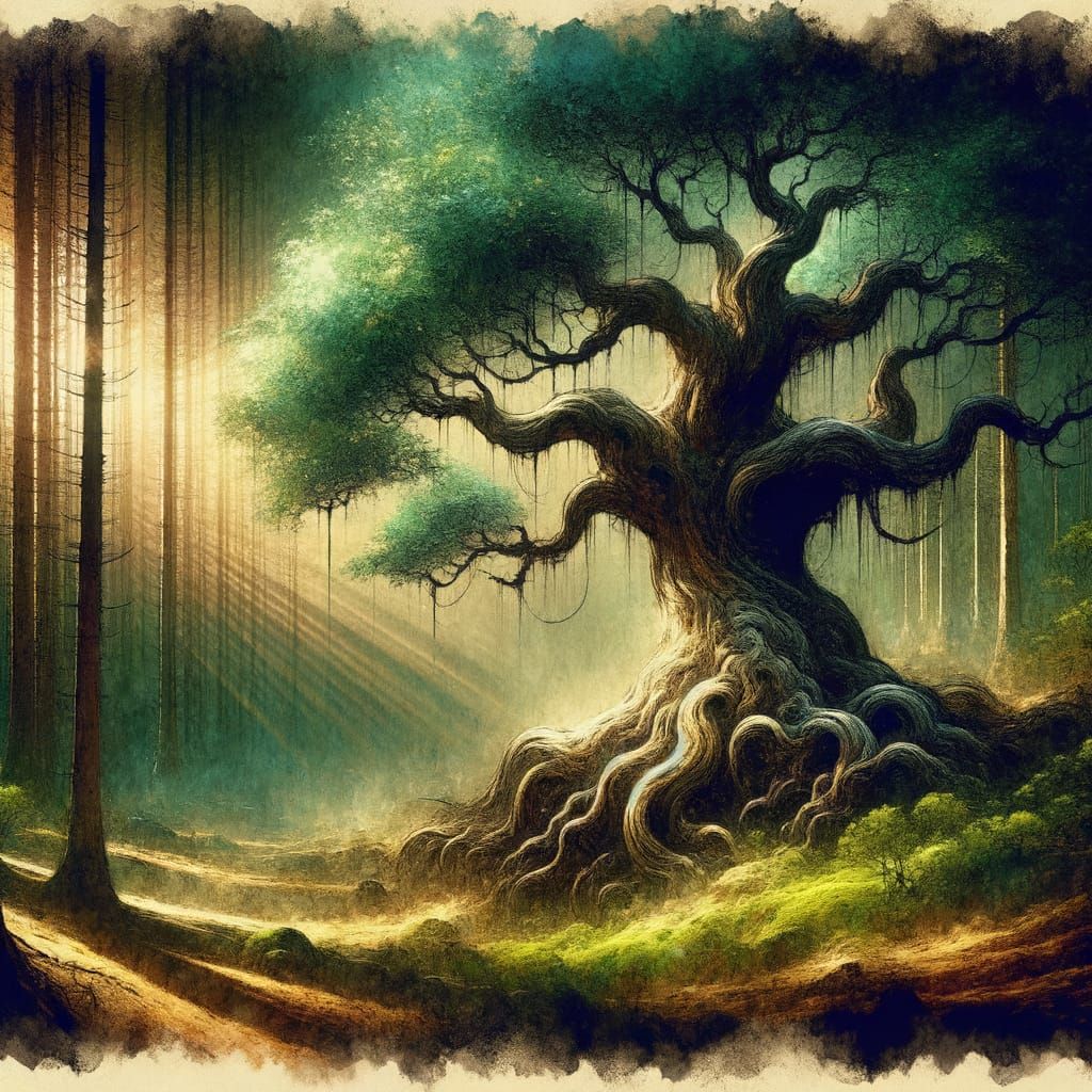 Ancient Tree in Surreal Forest, Ink Wash Style