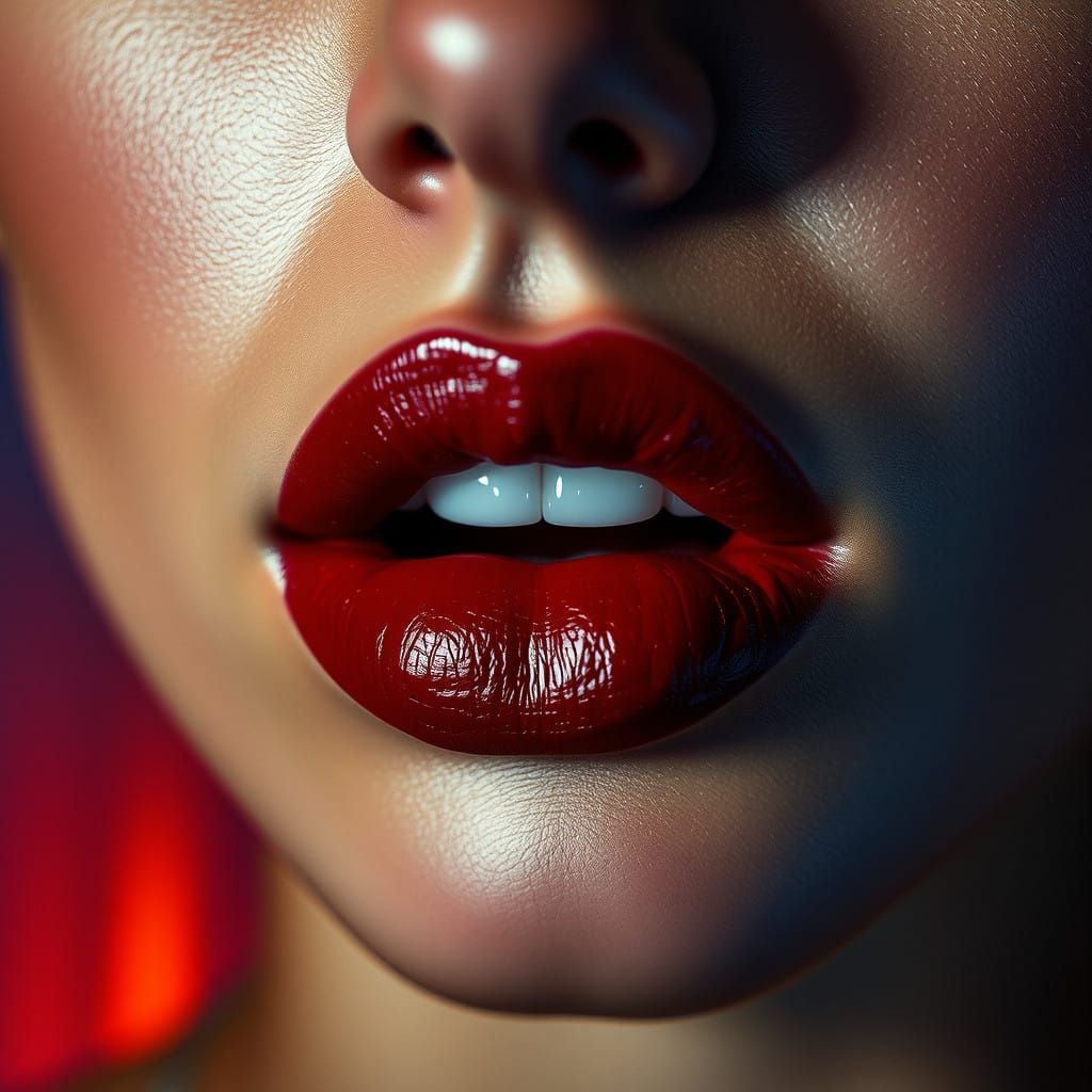 Hyper-Realistic Portrait of a Young Woman with Bold Red Lips
