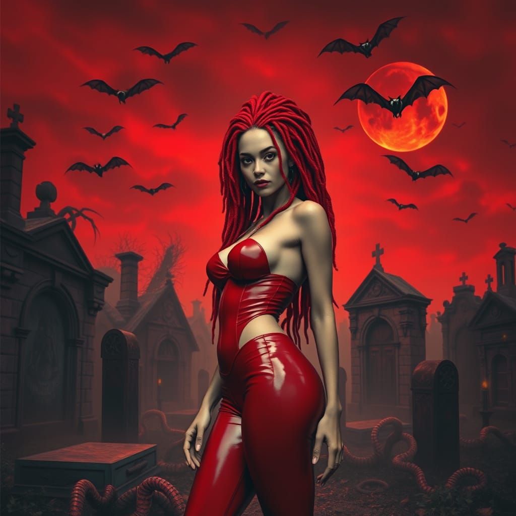 Gothic Goddess in Crimson Latex Amidst Dark Cemetery