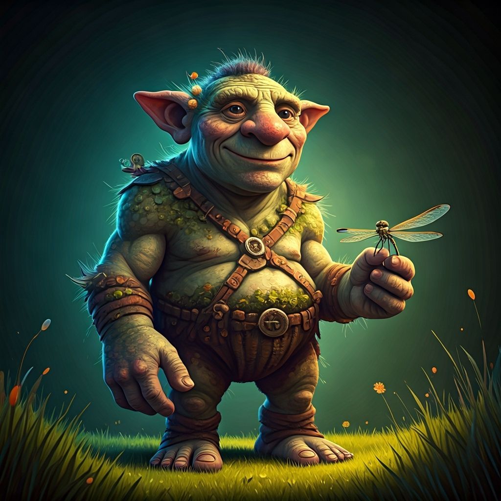 Friendly Giant Troll With Dragonfly in Earth Art Landscape