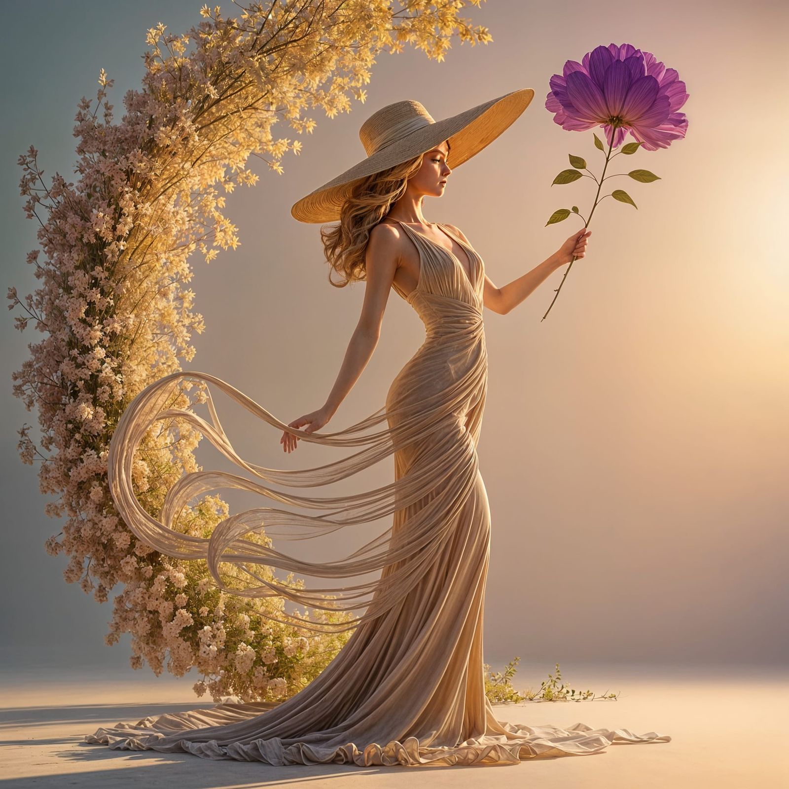 Graceful Female Figure in Flowing Lines with Purple Flower