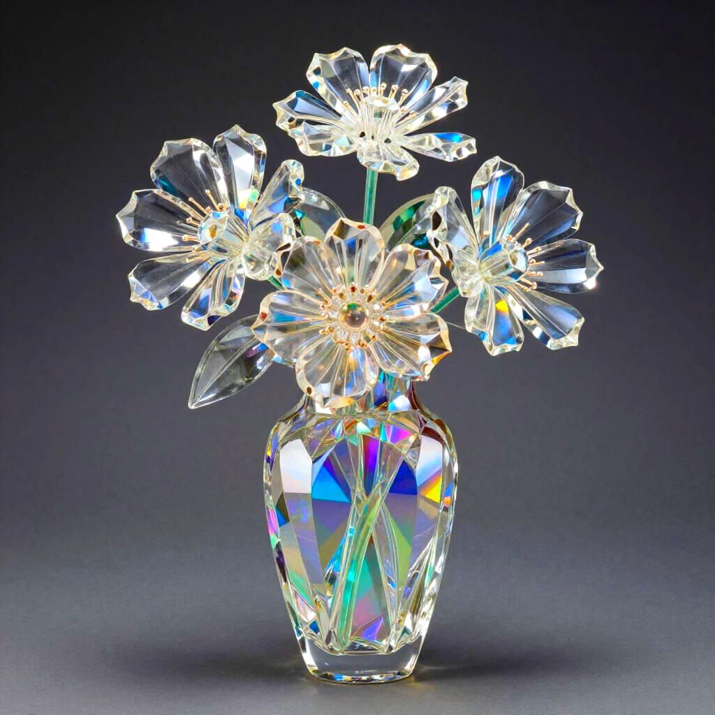 Psychedelic Crystal Vase of Flowers with Holographic Shine