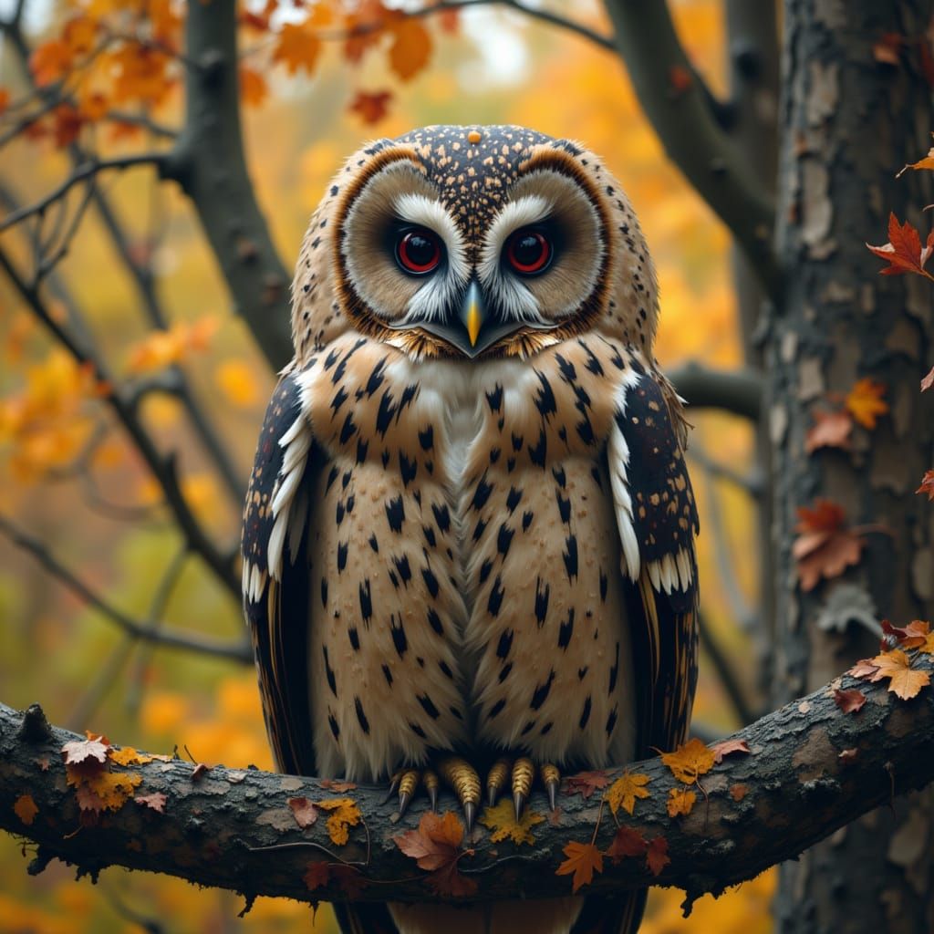 owl in a tree during autumn <lora:Raw Shock:1.0>
