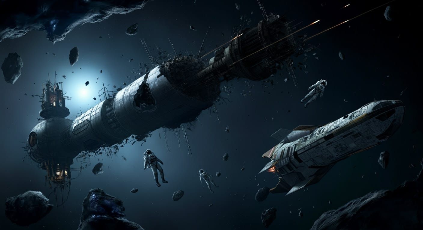 dilapidated space station, derelict spacecraft floating nearby, evidence of a battle, holes torn in hull, dead astronaut...