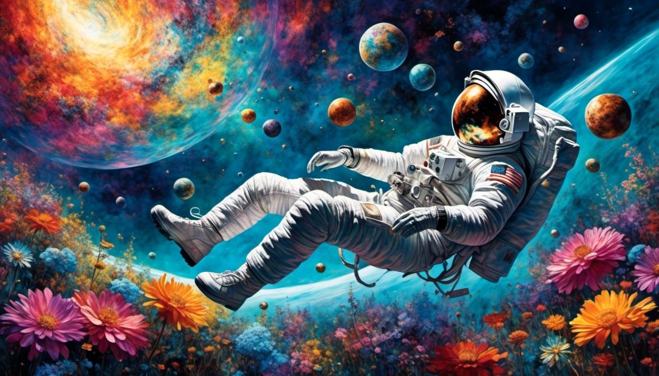 Astronaut in Iridescent Garden of Planets