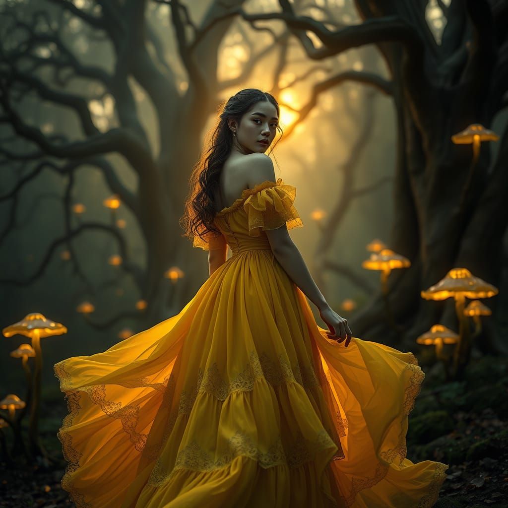Surreal Fantasy Goddess in Sunshine Yellow Gown, Edge of Enc...
