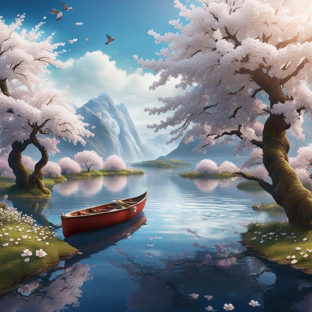 Cherry Blossom Tree with Robin and Boat