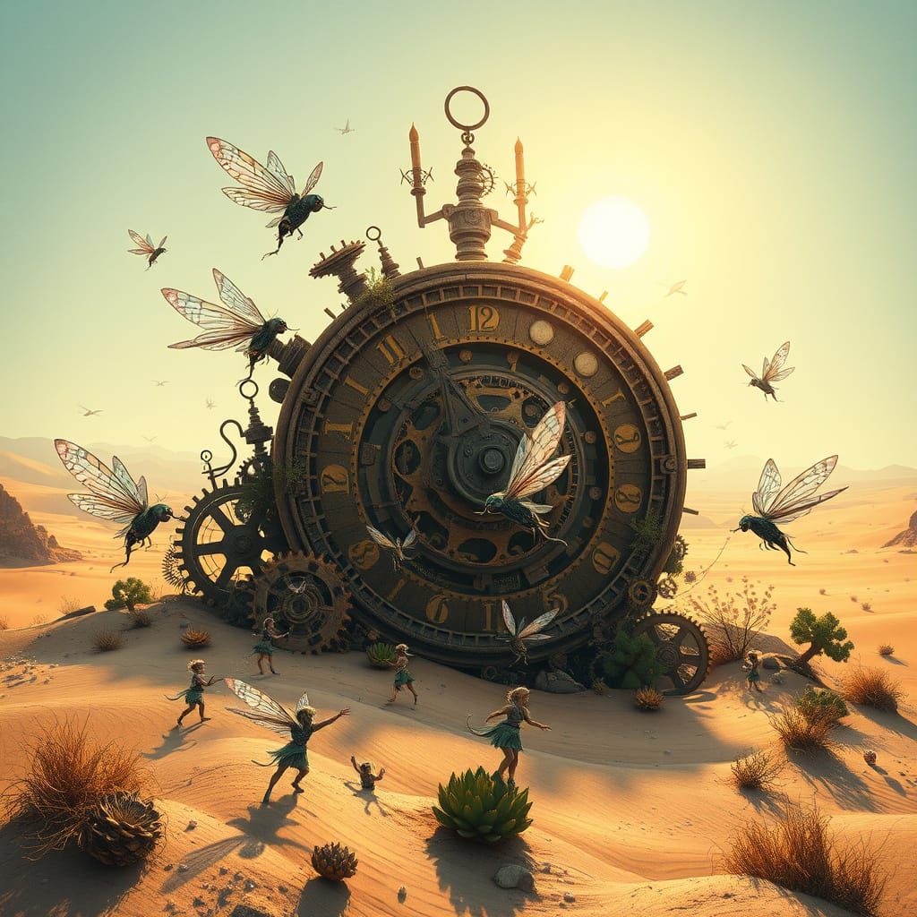 Sprites Dance Around Ancient Clockwork Automaton in Desert
