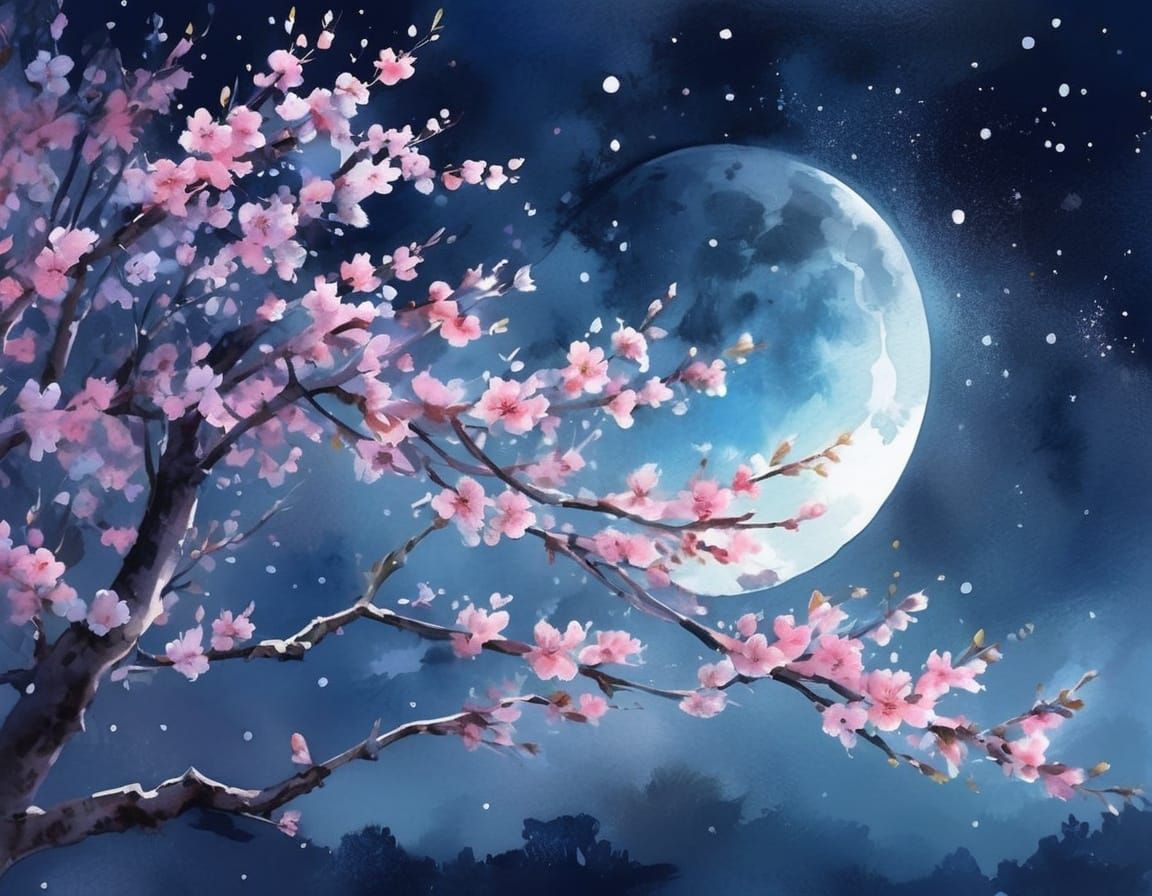Whimsical Cherry Blossom Moonlit Dreams in Watercolor