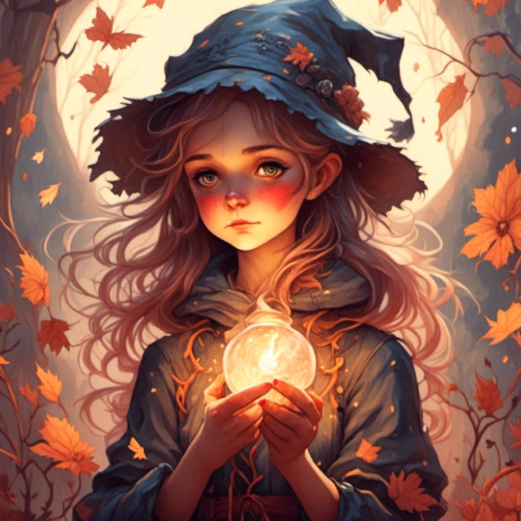 Cute Witch Girl Casting Spell in Watercolor Style