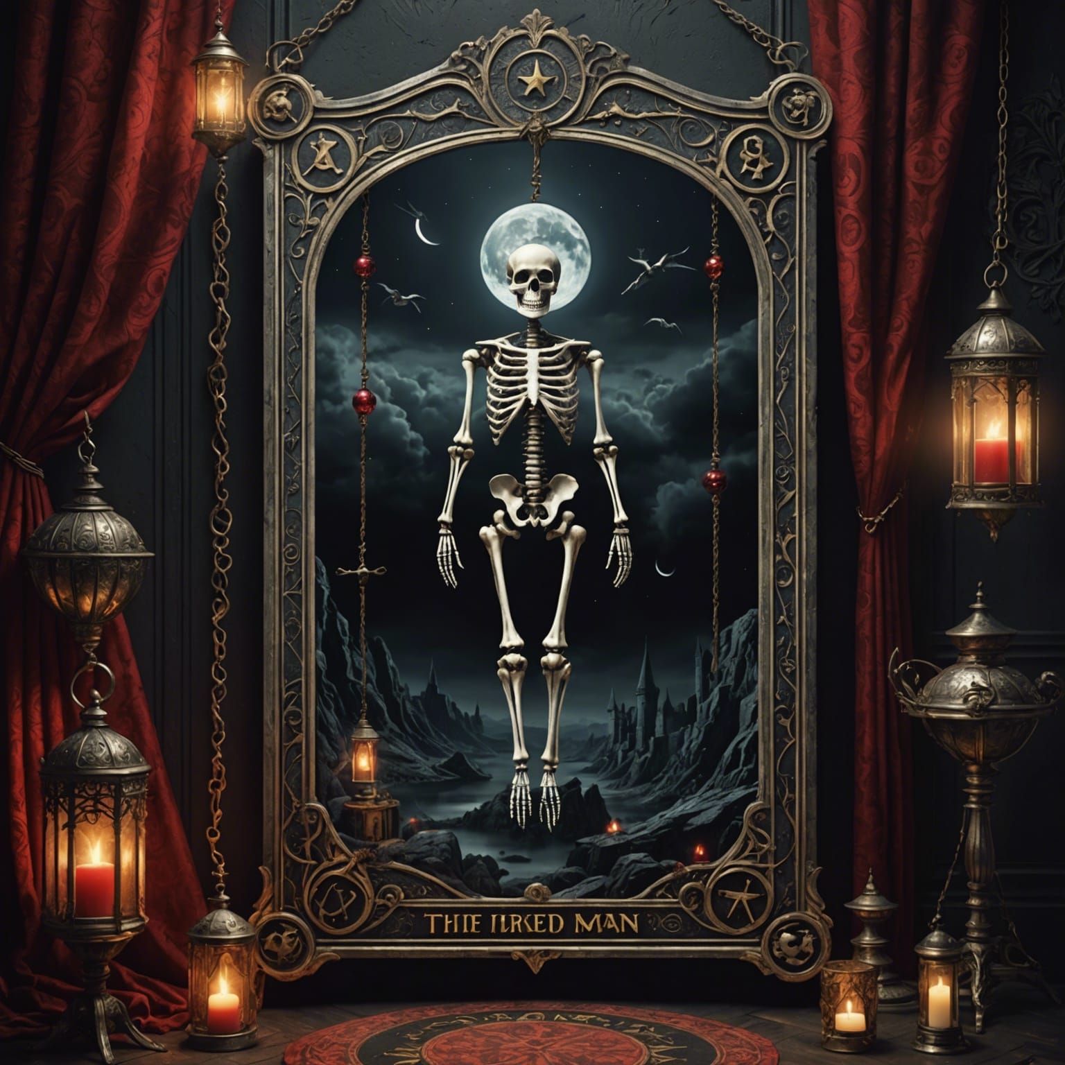 The Hanged Man Tarot Card with Skeleton