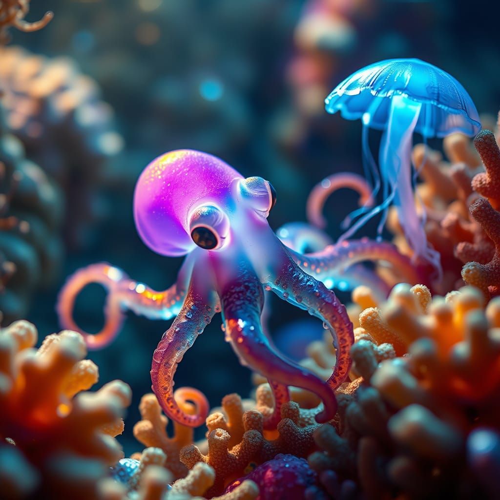 Octopus and Jellyfish Explore Vibrant Coral Reef