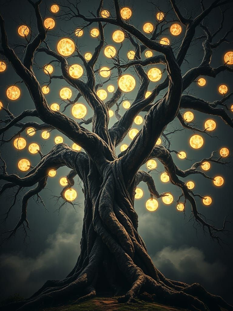Ancient Tree of Life with Glowing Orbs in Surrealistic Reali...