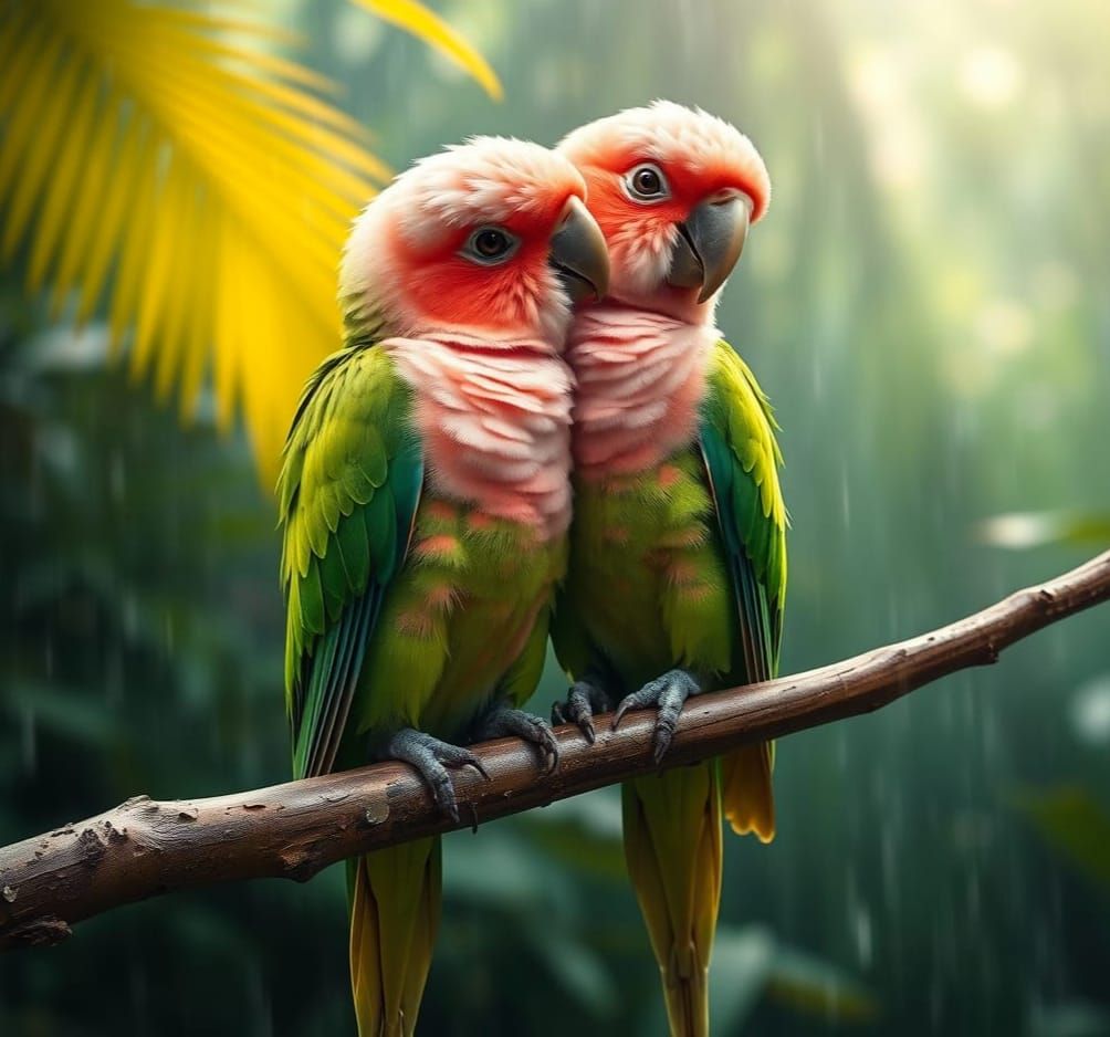 Vibrant Parrots Share a Tender Moment in the Rainy Tropical ...