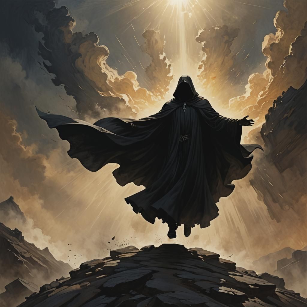 Cloaked Figure Plunging into Dark Abyss