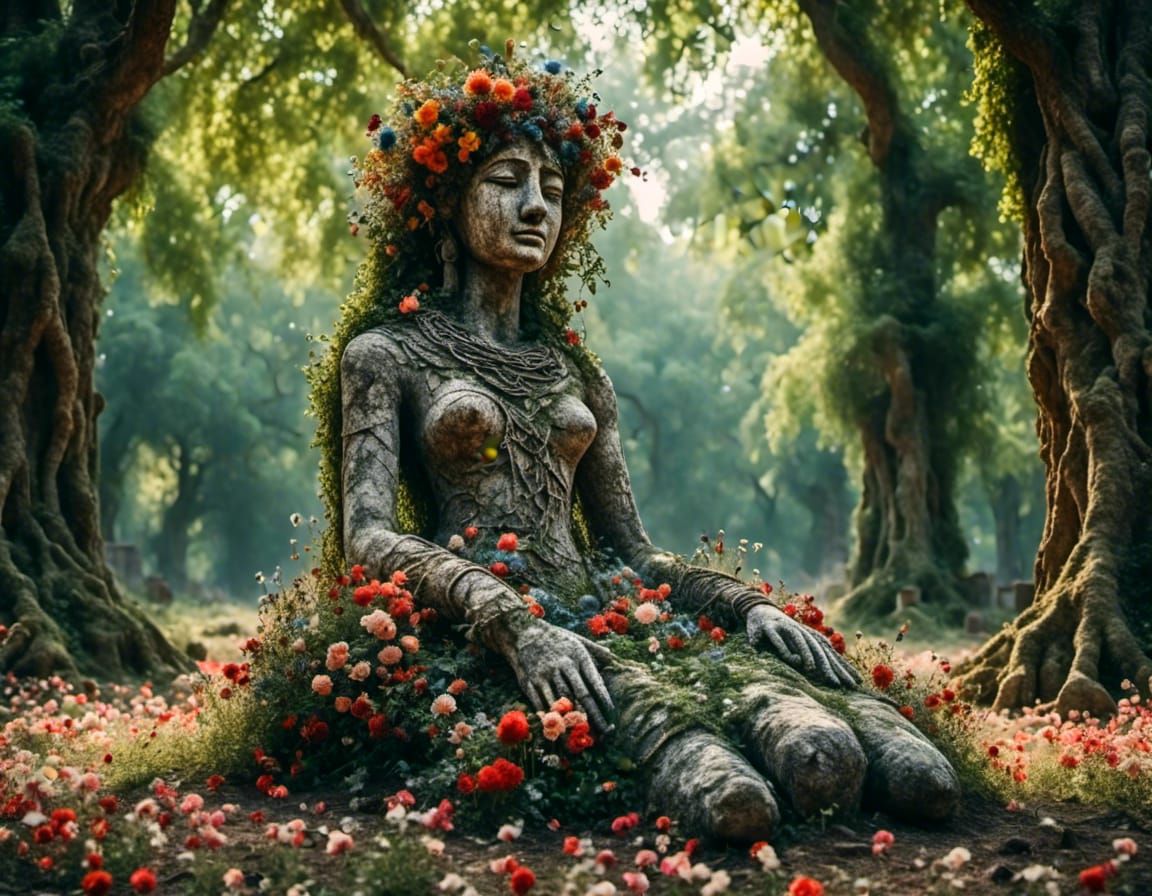 forgotten statue in the woods, covered in flowers