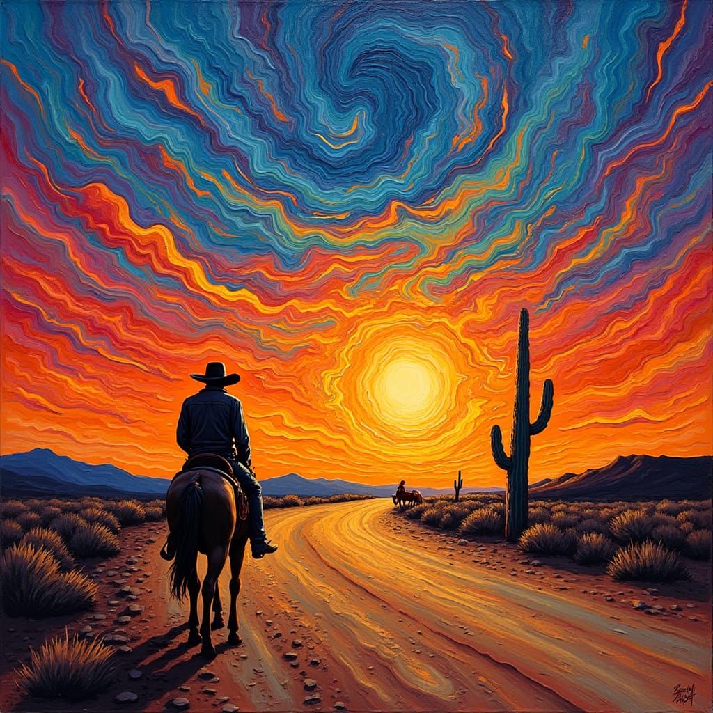 Lone Cowboy Rides into Psychedelic Sunset