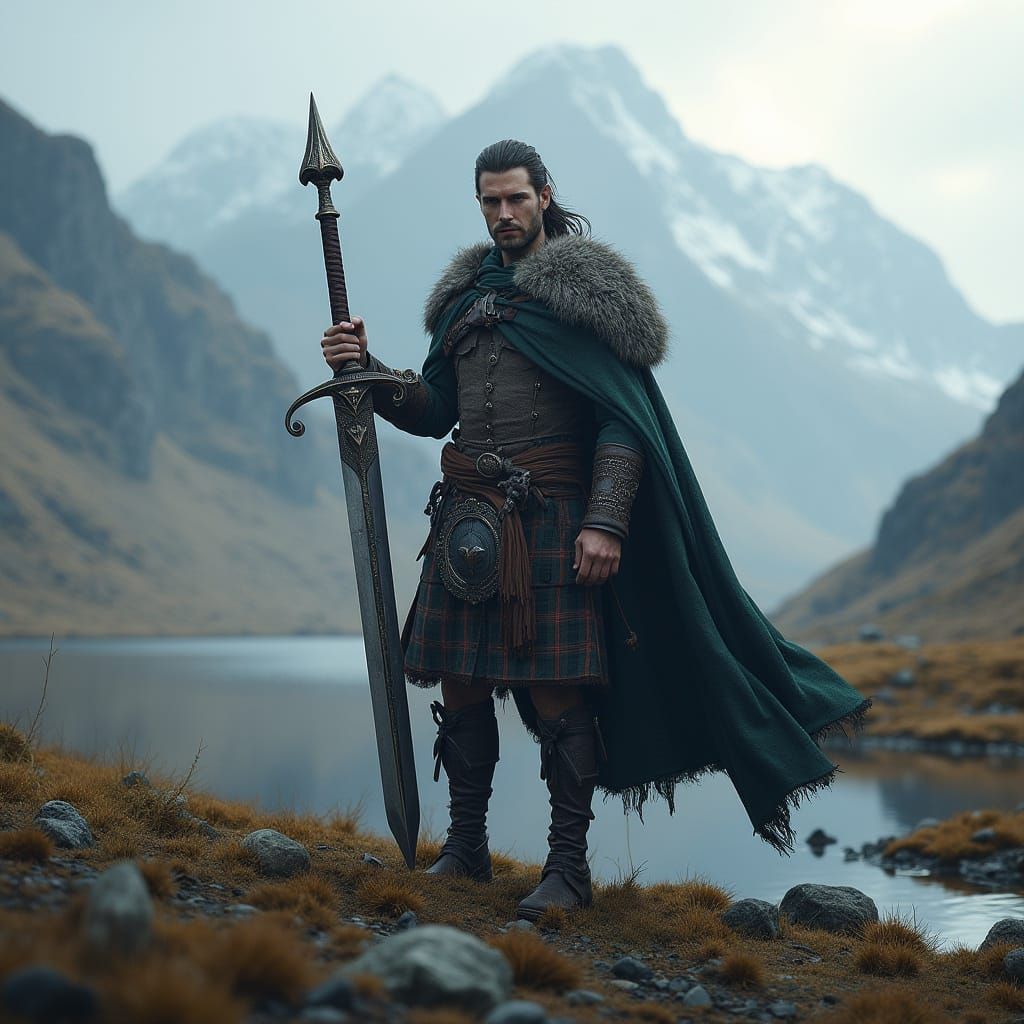 Ethereal Highland Warrior in Majestic Scottish Landscape