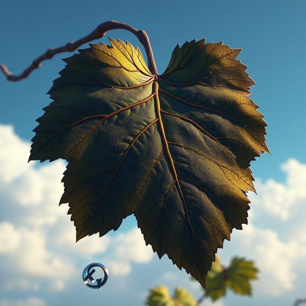 Dreamlike Oversized Grape Leaf Amidst Whimsical Clouds
