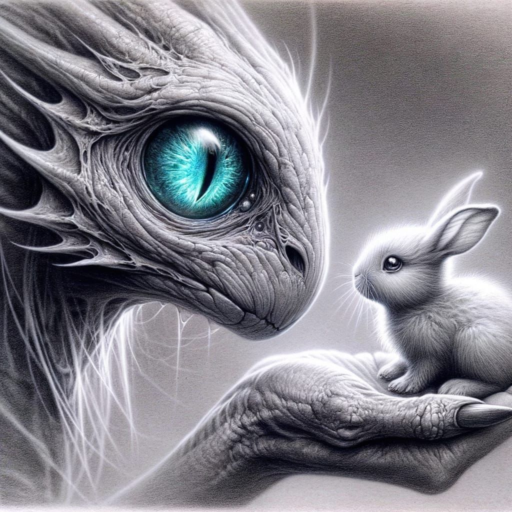 Ethereal Creature Examines Tiny Easter Bunny in Hyper-Realis...