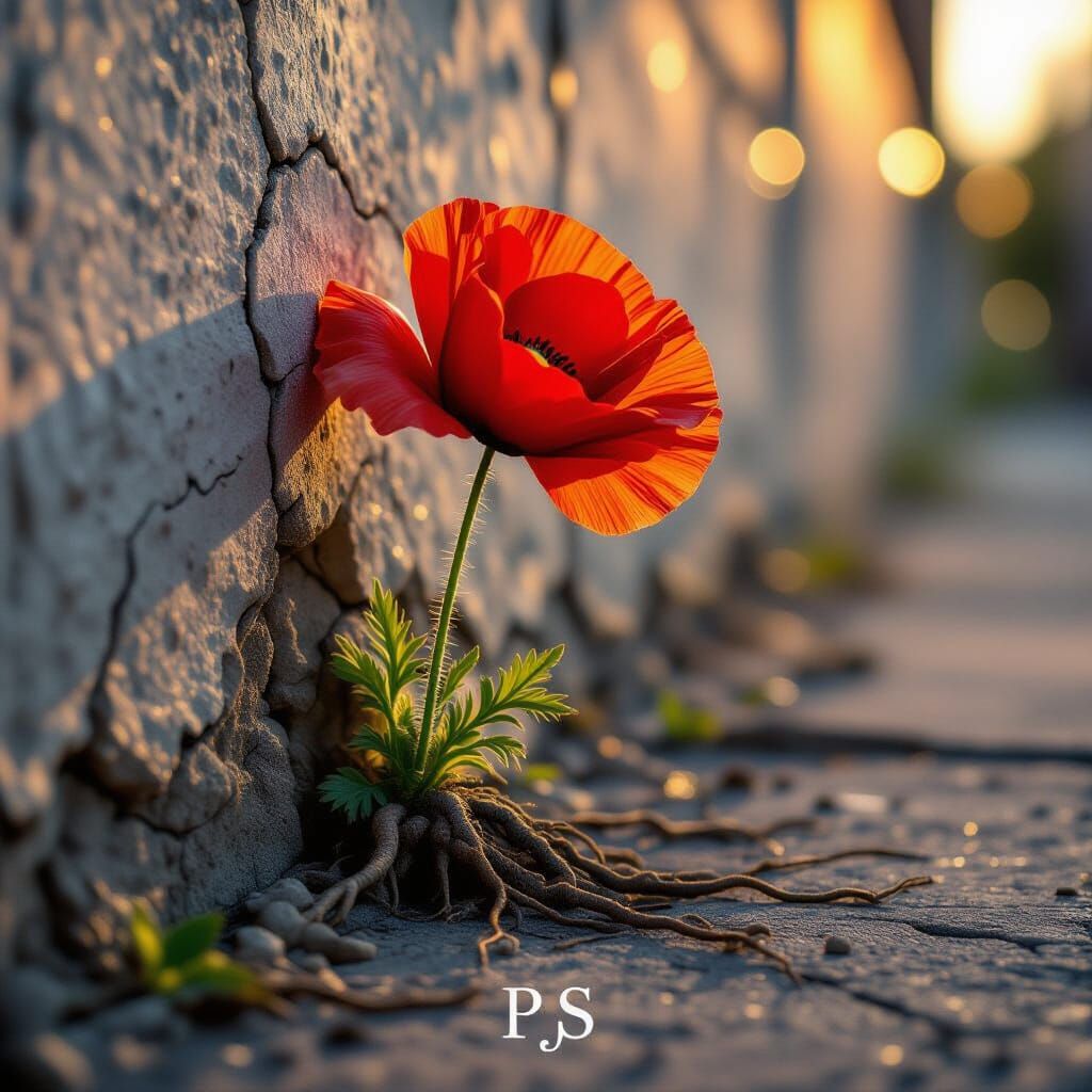 Defiant Poppy Blooms Through Concrete Wall in Golden Hour Li...