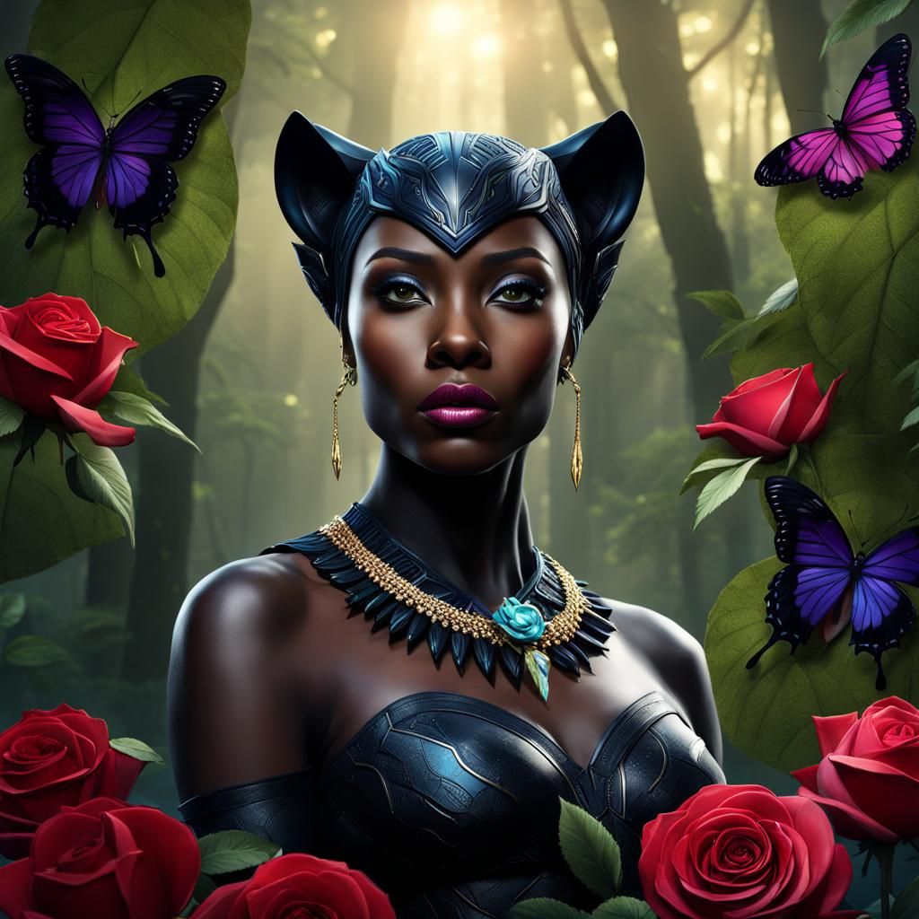 Black Panther Queen in a Fantasy Forest