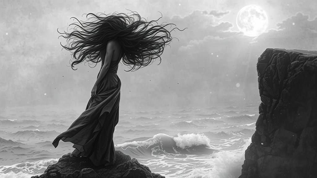 Mysterious Woman at the Edge of a Cliff in Hyperdetailed Cha...