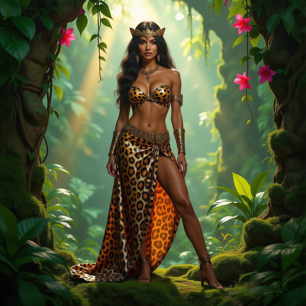 A hyper-realistic cinematic image of a commanding jungle que...