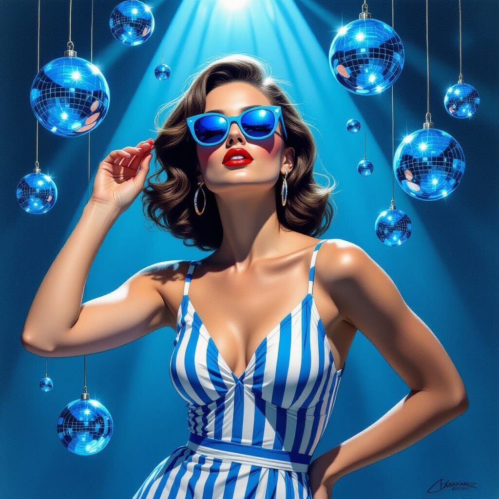 Surreal Disco Dancer in Blue Monochrome Pencil Drawing